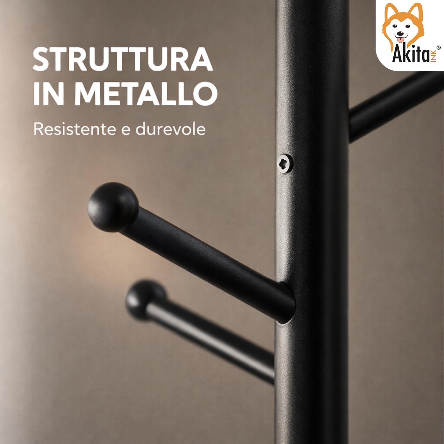 AKITAInk Appendiabiti da Terra a Forma di Albero in Metallo con Base MDF, Attaccapanni con 8 Ganci, Salvaspazio per Vestiti, Cappelli e Borse, Nero, h175 cm
