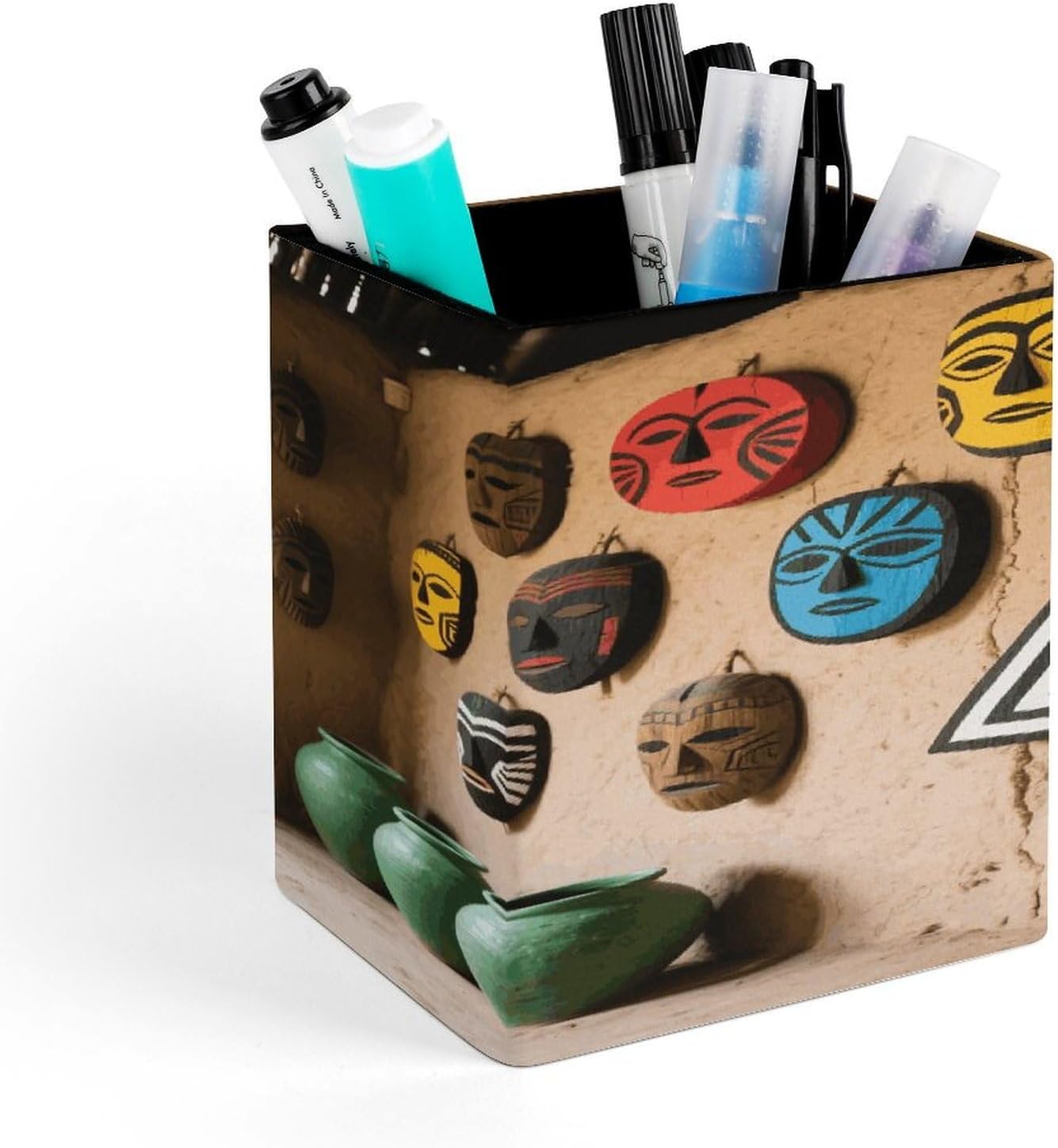Rain Spirit Mask PU Leather Pen Holder Square Desktop Organizer Waterproof & Non-slip Office Supply Storage Box for Home Vanity Professional Workspace