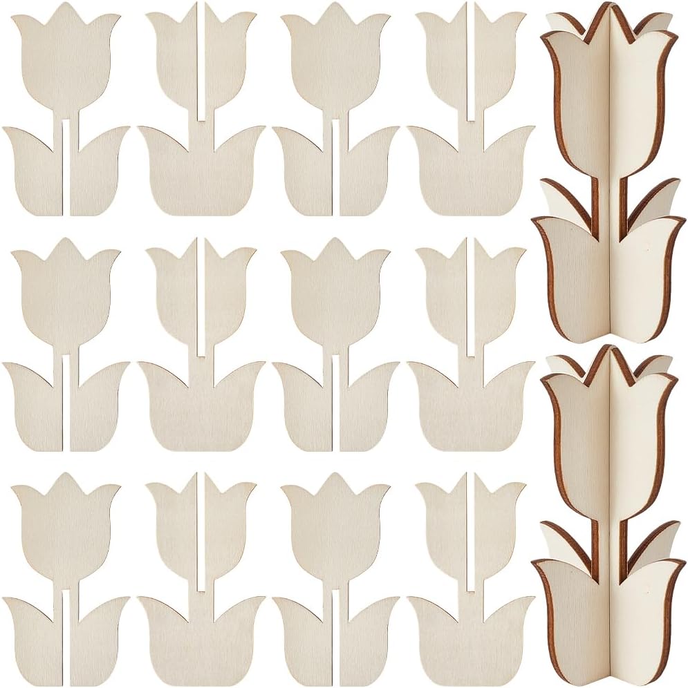 GORGECRAFT 24Pcs Tulip Unfinished Wood Crafts to Paint Natural Wooden Spring Floral 3D Wood Slices Flower Cutouts Tiered Tray Ornament for Painting Mothers Birthday Easter Decorations DIY Craft