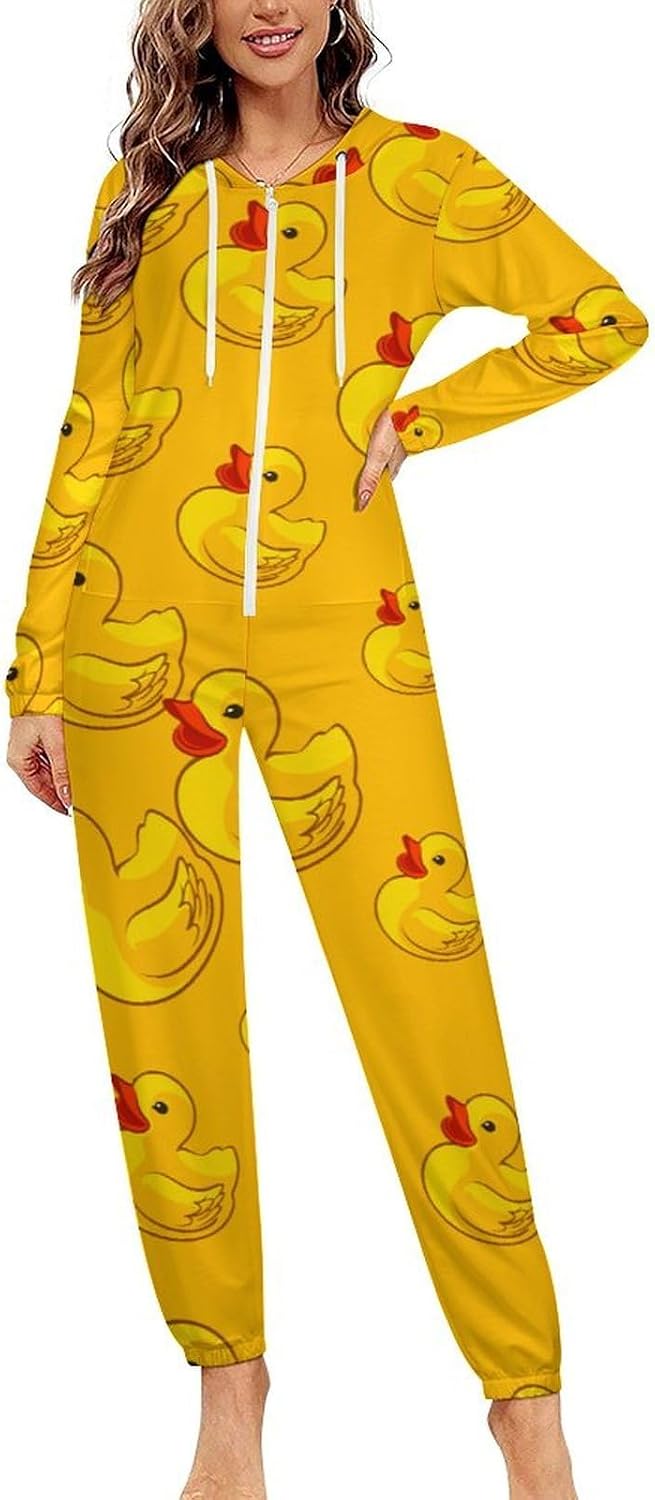Rubber Yellow Duck Adult Pajamas Onesie with Hood Pocket Jumpsuits One Piece Sleepwear