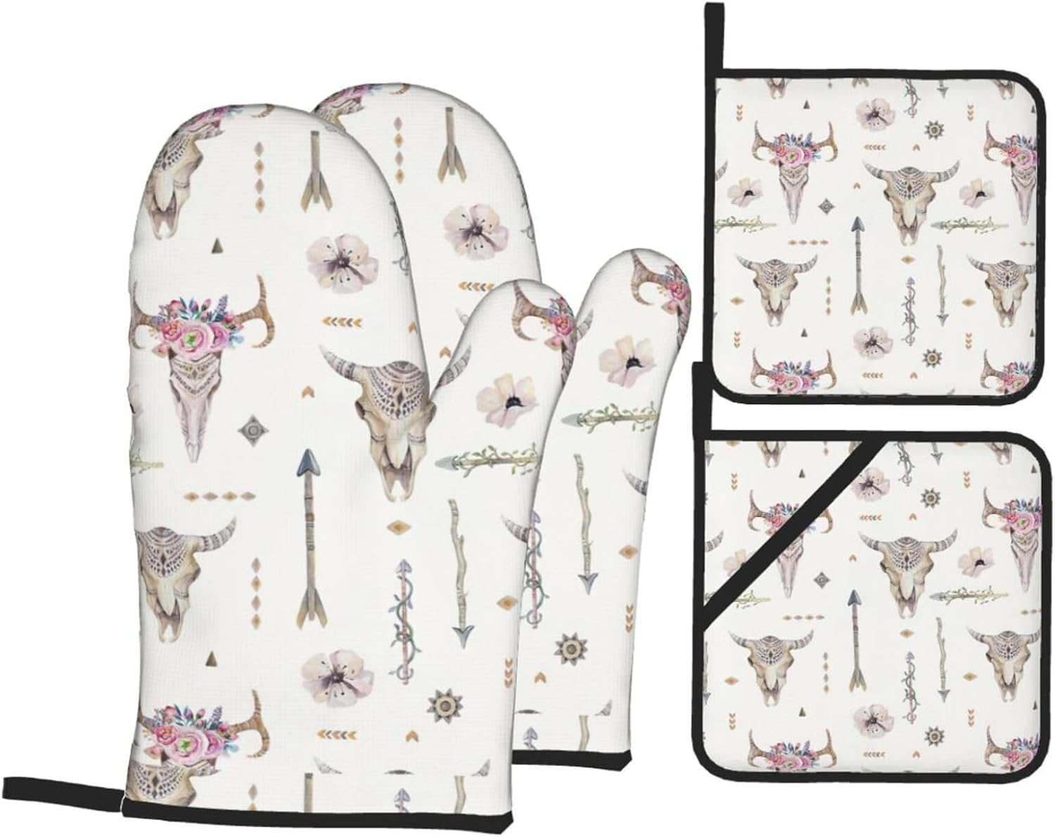 ribal bull skull on white Kitchen baking four piece set, fit for cooking and baking, oven, microwave, and outdoor barbecue