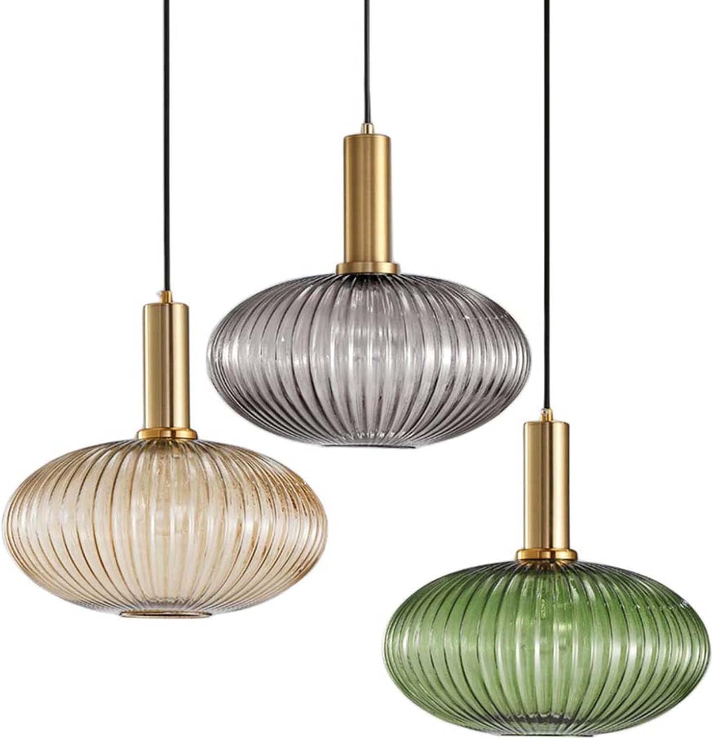 Industrial Vintage Glass Pendant Lighting Brass Finish Modern Retro Drop Ceiling Light Hanging Lamp for Bedroom Dining Room Kitchen Island (Amber, 11.8 Inches)