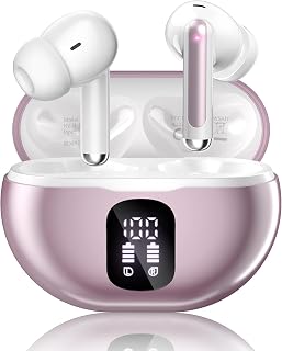 Wireless Earbuds, Bluetooth 5.4 Headphones Bass Stereo Ear Buds with Noise Cancelling Mic, LED Display in Ear Earphones 50H Playtime Ear Buds, IP7 Waterproof for Laptop Pad Phones Workout, Pink