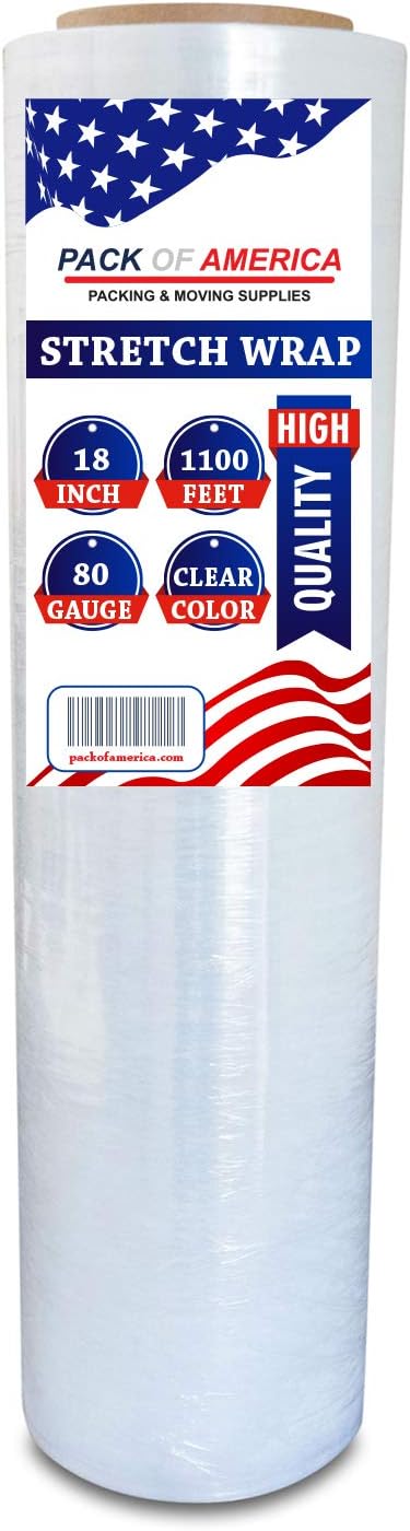 Pack of America Stretch Film Clear, 18 Inch x 1100 Feet x 80 Gauge (20 Micron), 1 Roll, Industrial Heavy Duty Shrink Wrap, Moving Packaging, Packing Supplies, Ideal for Furniture and Pallet Wrapping : Office Products