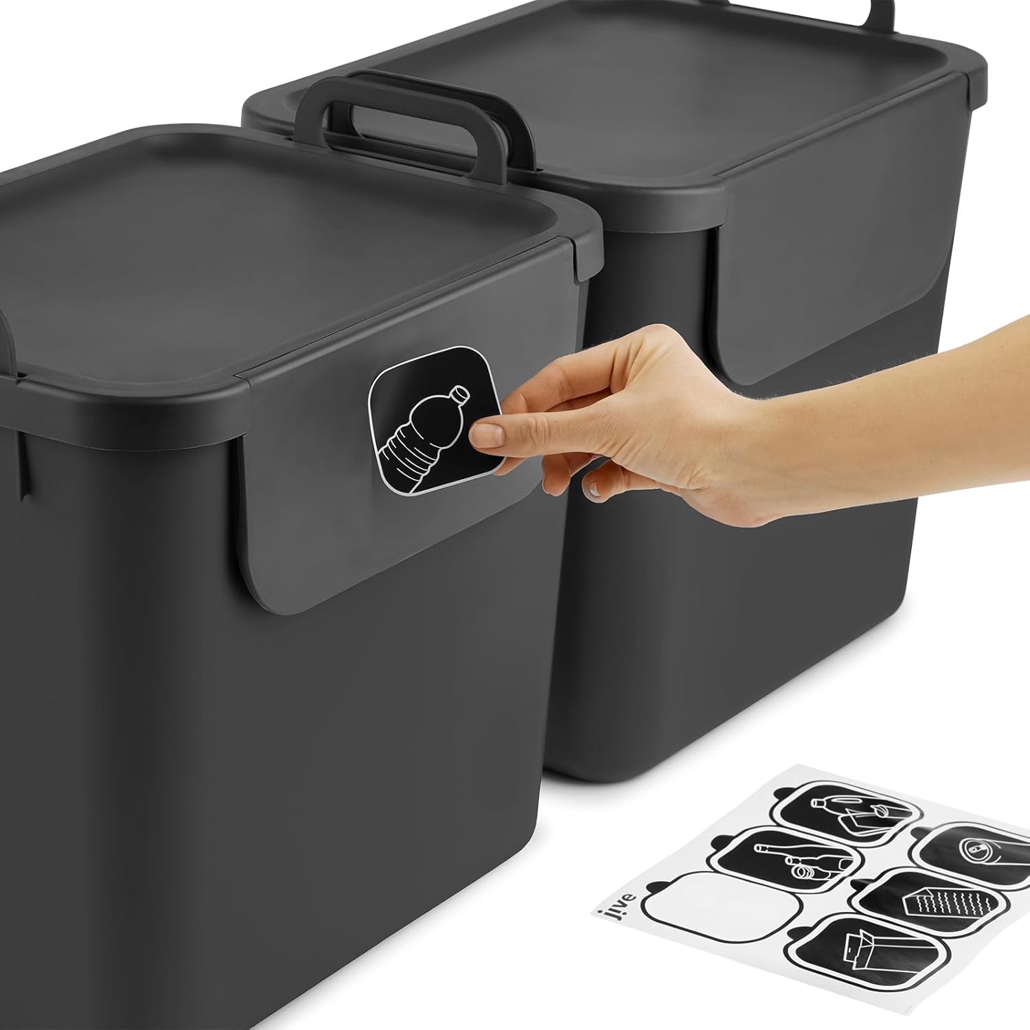 Rotho Jive Recycling Müllsystem anthrazit Set of 3 waste separation system 30l for the kitchen, Plastic (PP recycled), dark grey, 3 x 30l (39.8 x 29.8 x 50.1 cm)