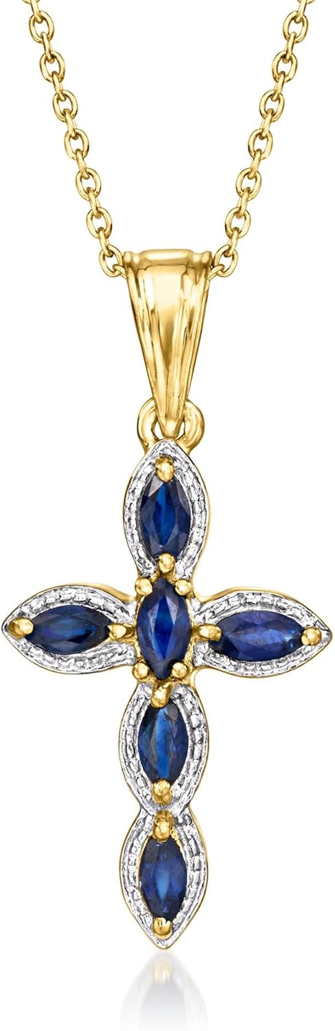 Ross-Simons 0.80 ct. t.w. Sapphire Cross Pendant Necklace in Sterling Silver and 18kt Gold Over Sterling