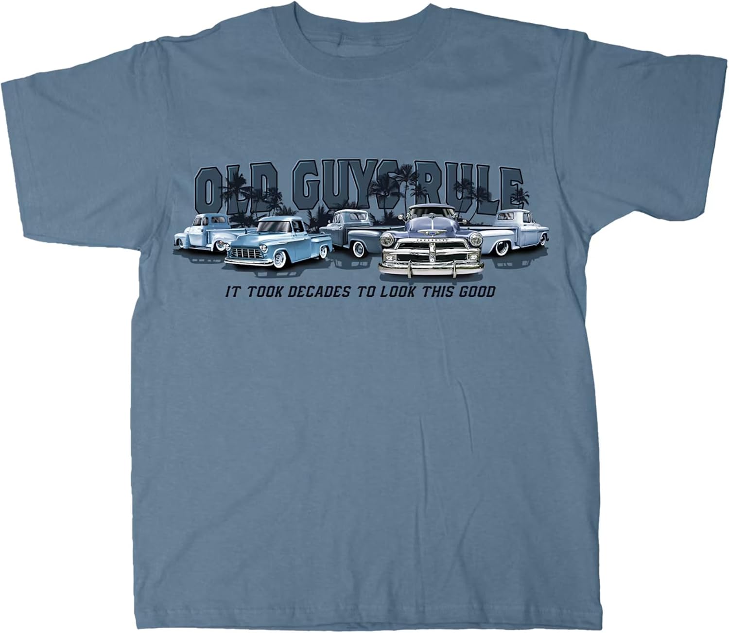 OLD GUYS RULE Men's Graphic T-Shirt, Truck Band - Gift for Dad, Grandpa, Husband, Father's Day, Birthday, Holiday - Funny Novelty Tee for Classic Car Enthusiasts, Truck Lovers (Indigo Blue, Medium)
