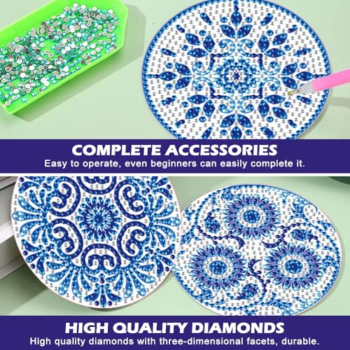 MHwan 8 Stück Diamond Painting Untersetzer, Exquisites Blaues Mandala, Diamond Painting Erwachsene, Nicht saugfähig, Nicht verformbar, kann Lange wiederverwendet Werden, mit Rutschfester Korkbasis