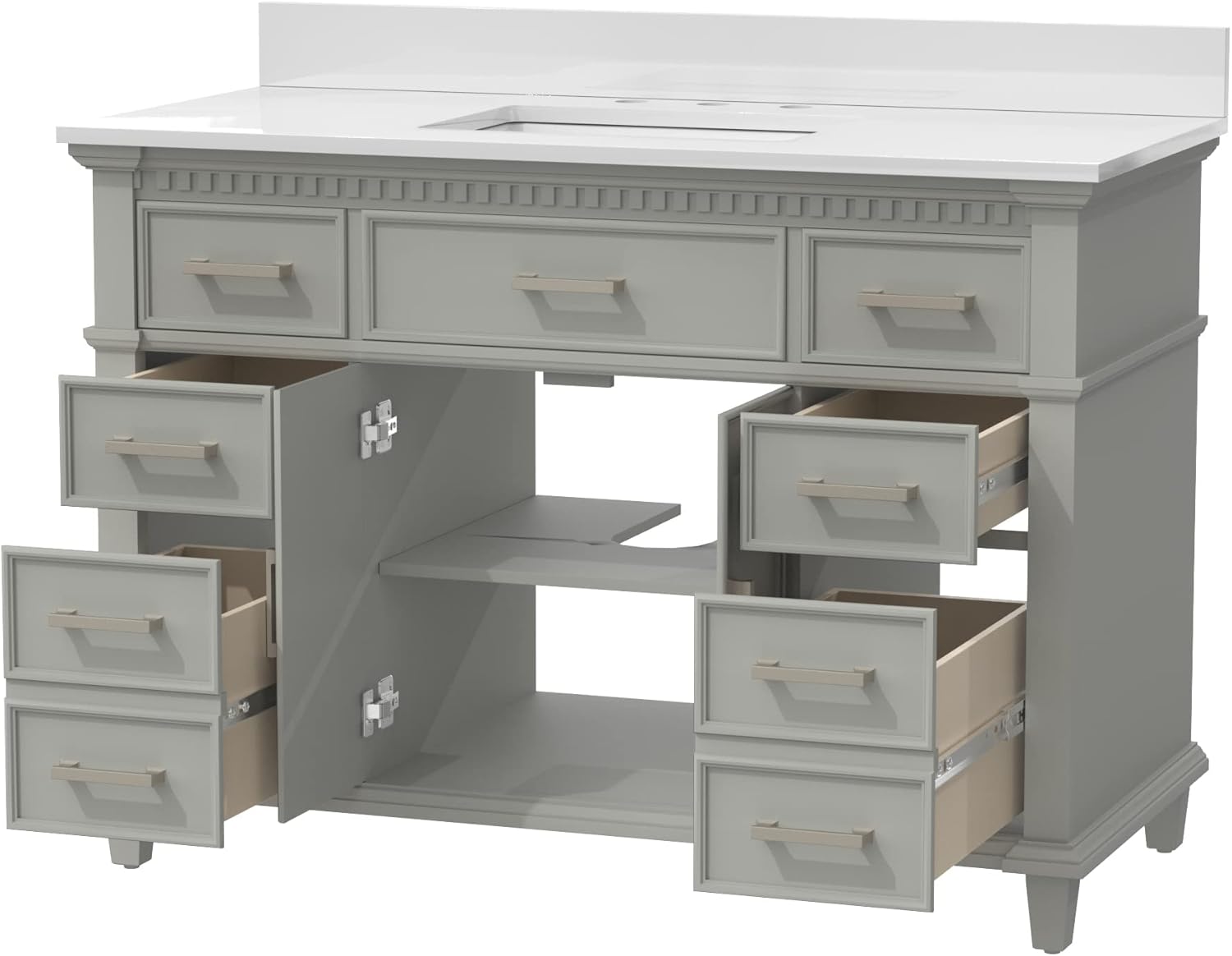 ExBrite 48 Inch Bathroom Vanity with Sink,Grey Modern Wood Cabinet Undermount Ceramic Basin Vessel Sink with Engineered Quartz Countertop Pre-Assembledsbacksplash Included 3 Holes 06 Drawers