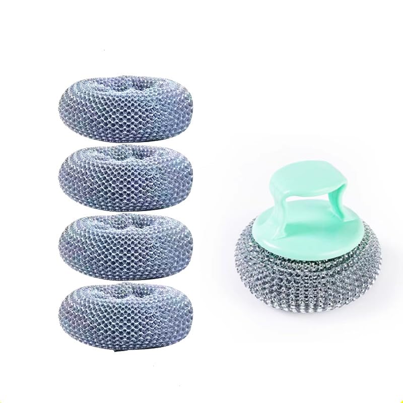 Image of 4 Replacement Steel Scrubber Wool Pads , 1Pcs Stainless Steel Wool Scrubber with Handle, Stainless Steel for Cleaning Cast Iron, Dishes, Kitchen Pots, Pans, Grills, Stoves, Sink (1pcs+4 Replace)