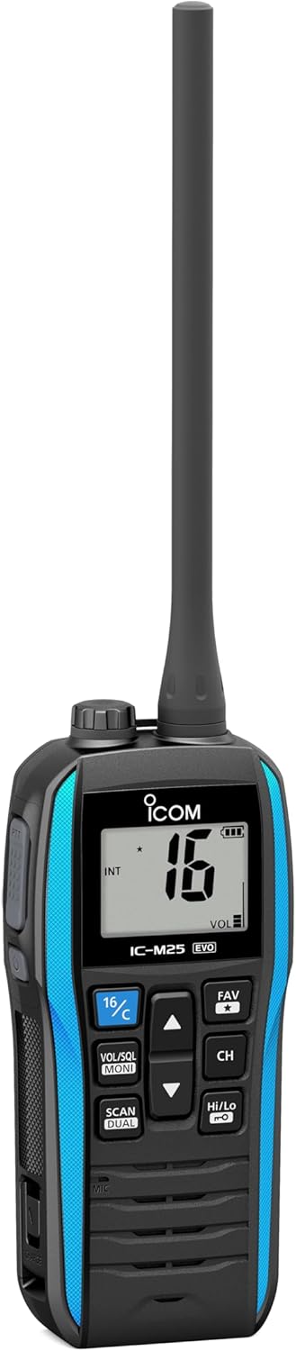 Icom M25EVO Blue Marine VHF Radio | Floating | Waterproof | USB Charging | Lightweight | Long Battery Life | Boating Essentials