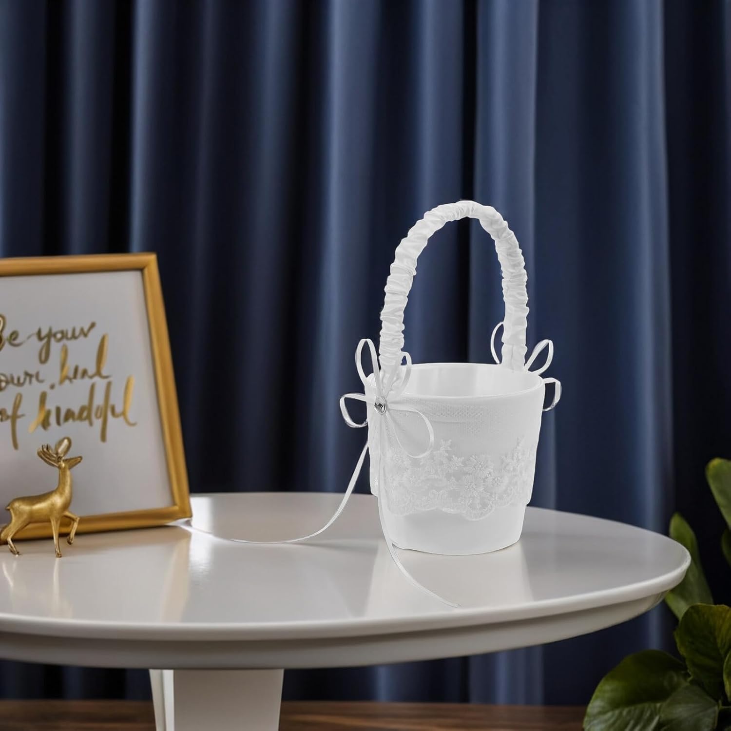 White Lace Flower Girl Basket for Wedding – Handheld Satin Mini Basket with Bowknot Accent, Suitable in Wedding Ceremonies and Party Decor