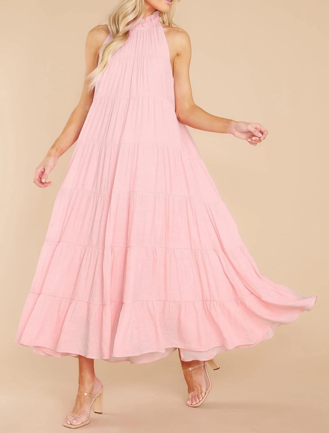 R.Vivimos Women's Summer Boho Ruffle Halter Sleeveless Mock Neck Tie Back Flowy Maxi Dress with Pockets - Image 3