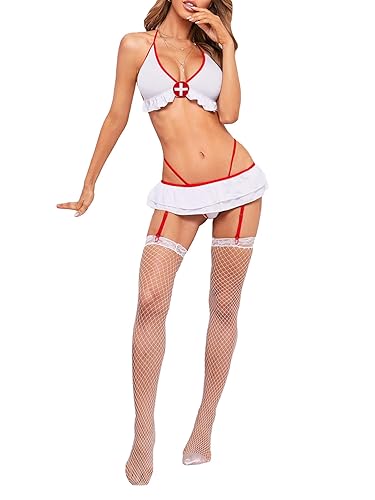 WDIRARA Women's Sexy Nurse Costume Cosplay Halter Lingerie Set with Garter and Stockings - X-Small - White