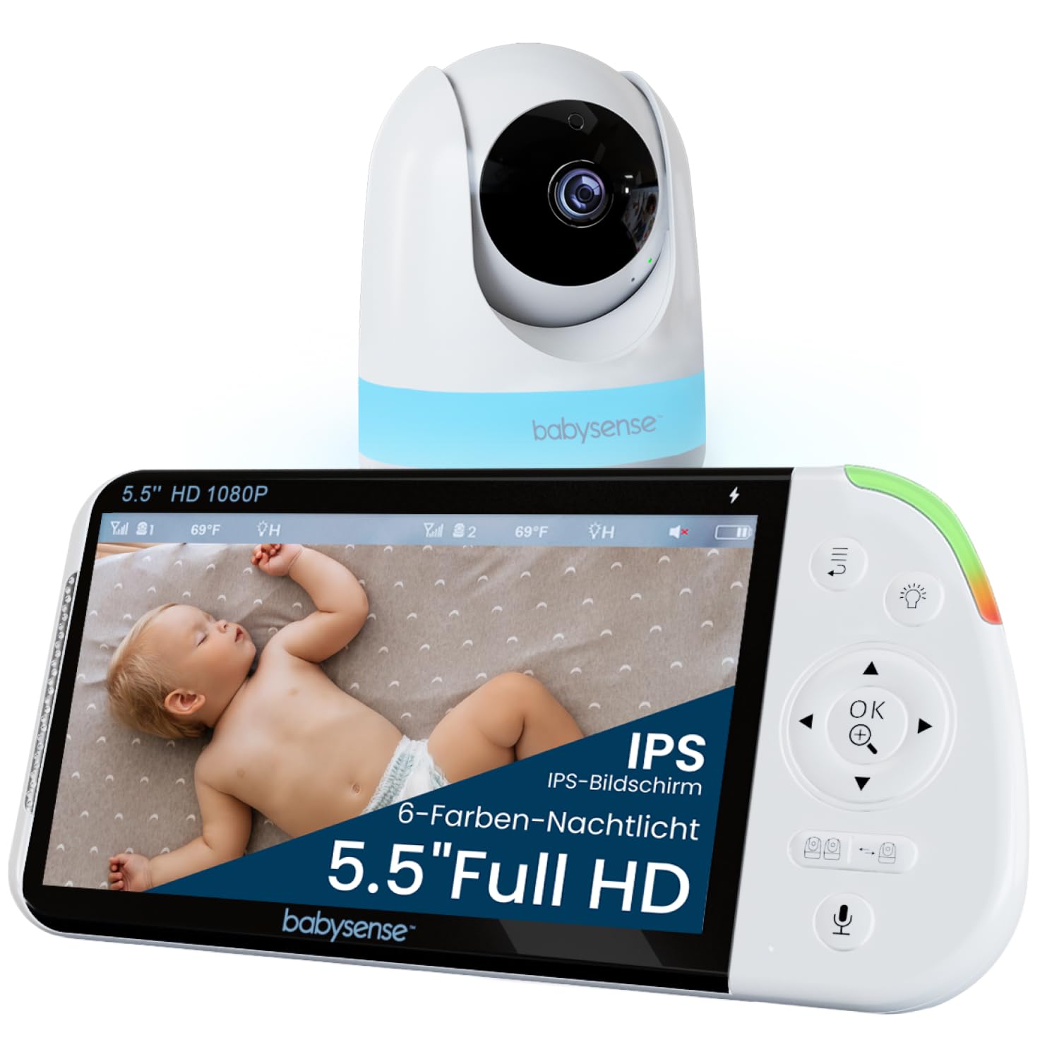 Babysense Full HD Split-Screen-Babyphone mit 1 Kameras, Nachtlicht in 6 Farben, Geräusch- & Lichtmaschine, 20-Stunden-Akku, abhörsichere Verbindung ohne WLAN