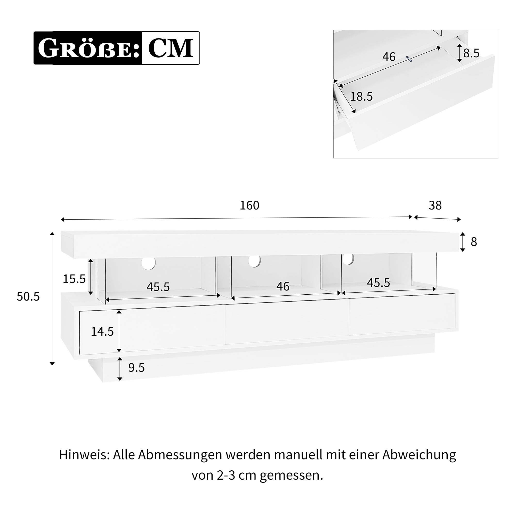 Merax Hochglanz TV Schrank mit LED-Beleuchtung, App-Steuerung, Bluetooth-verbunden, Lowboard Sideboard TV-Kommode Fernsehschrank Fernsehtisch für 70-Zoll-TVs, mit 3 Glasfächern, Weiß/160x38x50.5cm