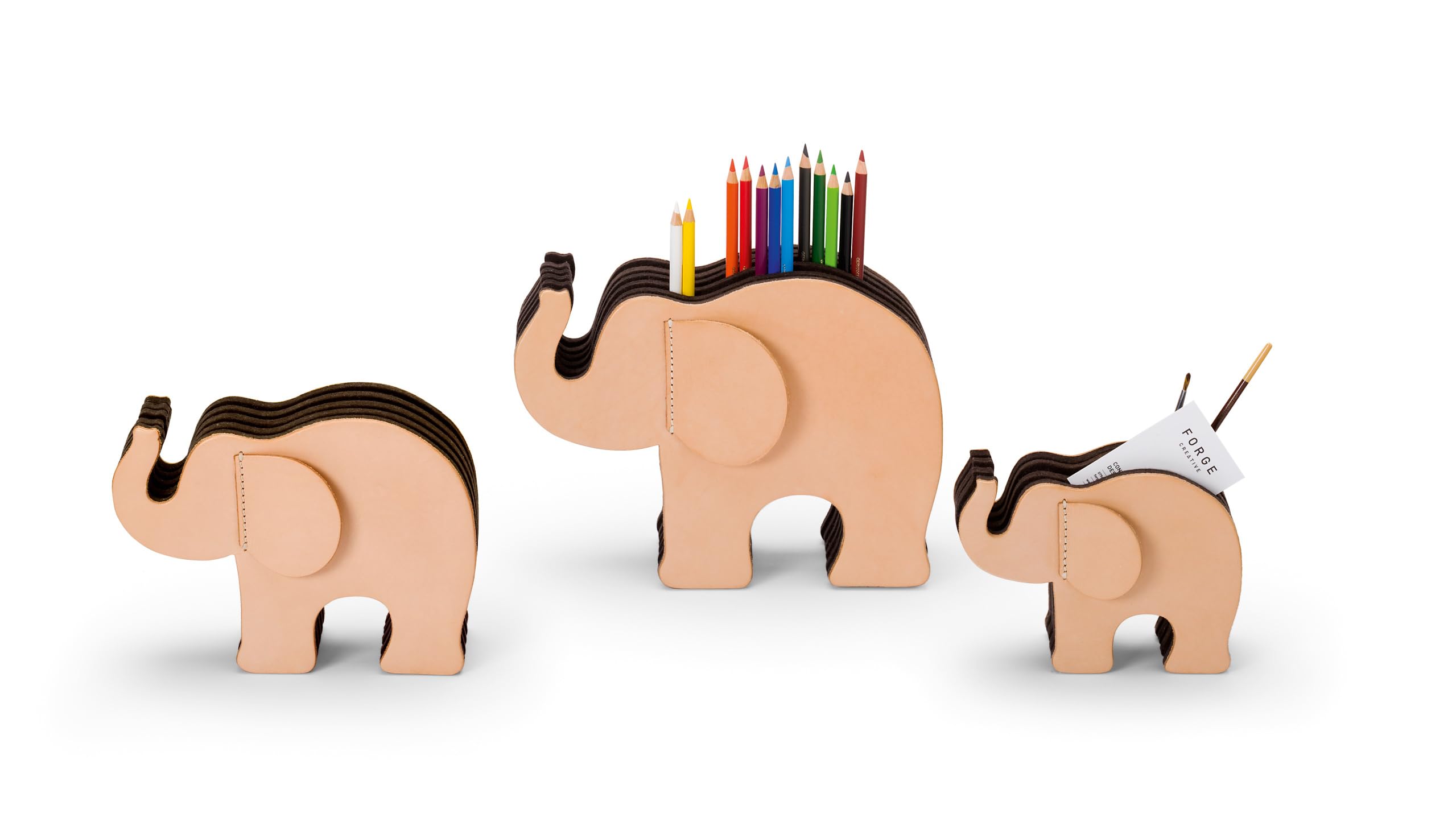 Graf von Faber-Castell - Stiftehalter Elefant Naturleder, Größe M | Aus Naturleder mit 12 Polychromos Buntstiften und drei Filzfächern