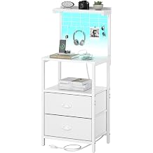 sthmec Tall Nightstands with Charging Station, LED Night Stand Bedsides with 2 PU Finish Fabric Drawers,Hooks,USB Port and Oepn Storage Shelves,Tall End Table Bedside for Bedroom,Office, White