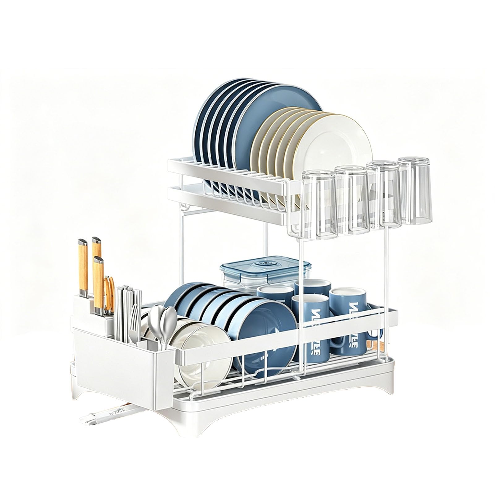 TBATM Dish Drying Rack, Rustproof Carbon Steel Kitchen Dish Rack With Utensil Holder & Pull Out Drain Tray For Countertop Sink Side Storage,White,B