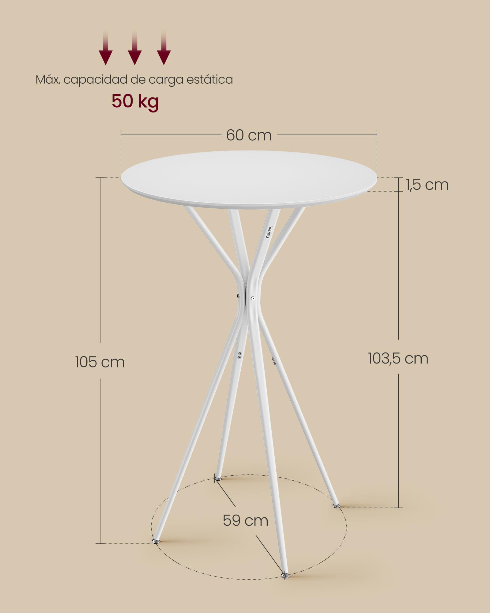 VASAGLE Mesa de Bar, Mesa Baja, Redonda, Alta, Estructura Metálica, 60 x 60 x 105 cm, para Cocina, Sala de Estar, Estilo Moderno, Fácil Montaje, Blanco Nube y Blanco Mate LBT024W01