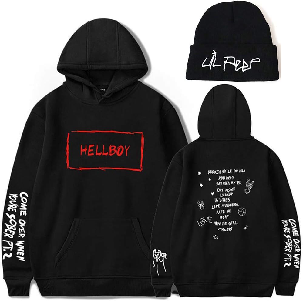 Teblacker Unisex Lil Peep Double Sided Hoodie With Beanie Knit Hat 2 Piece Set Stretchy Cap Sweatshirt( Hoodie-L+Hat Black+Black)