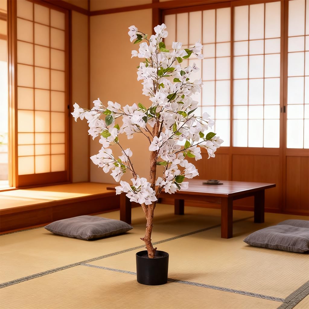 Lifelike Artificial Trees Bougainvillea with Natural Wood Trunks, Silk Faux Bougainvillea Trees with Silk White Flowers, Home Decor Indoor for Living Room, Porch, Office (4FT)