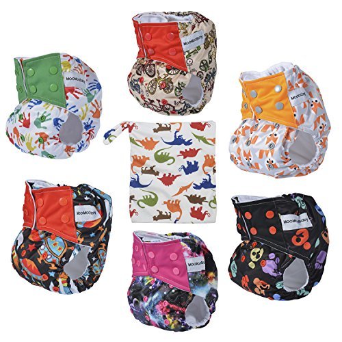 Pocket Cloth Diapers All in One Design Adjustable Size 6 Pack and 6 Built-in Inserts and 1 Wet Bag