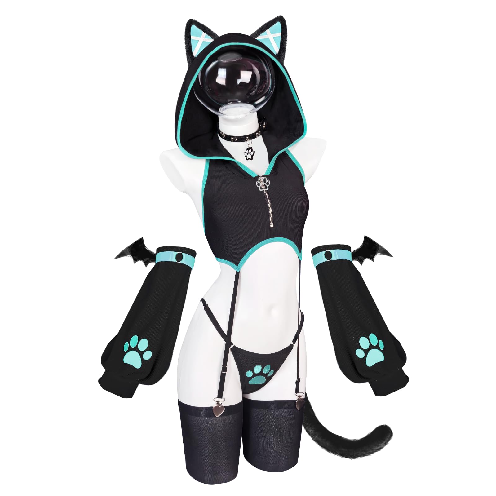 KORURACLUB Cat Girl Cosplay Costume Kawaii Outfit with Cat Ear Hood Bat Wing Arm Sleeves Animal Bodysuit for Women(Blue XS-M)