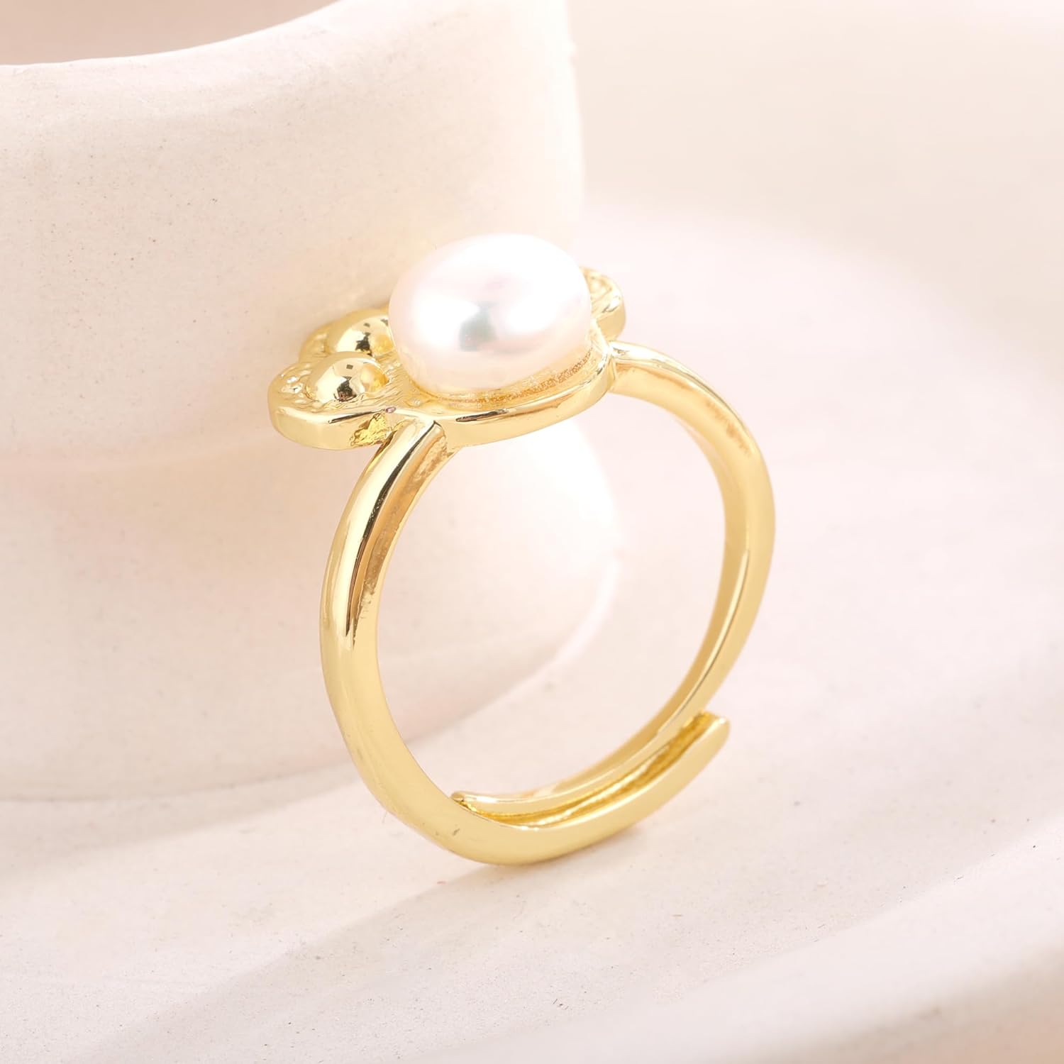 14k Gold Plated Freshwater Pearl Ring, Crown Pearl Ring Handmade Adjustable Open Ring for Comfortable Fit Gift Idea for Women & Teen Girls - Image 2