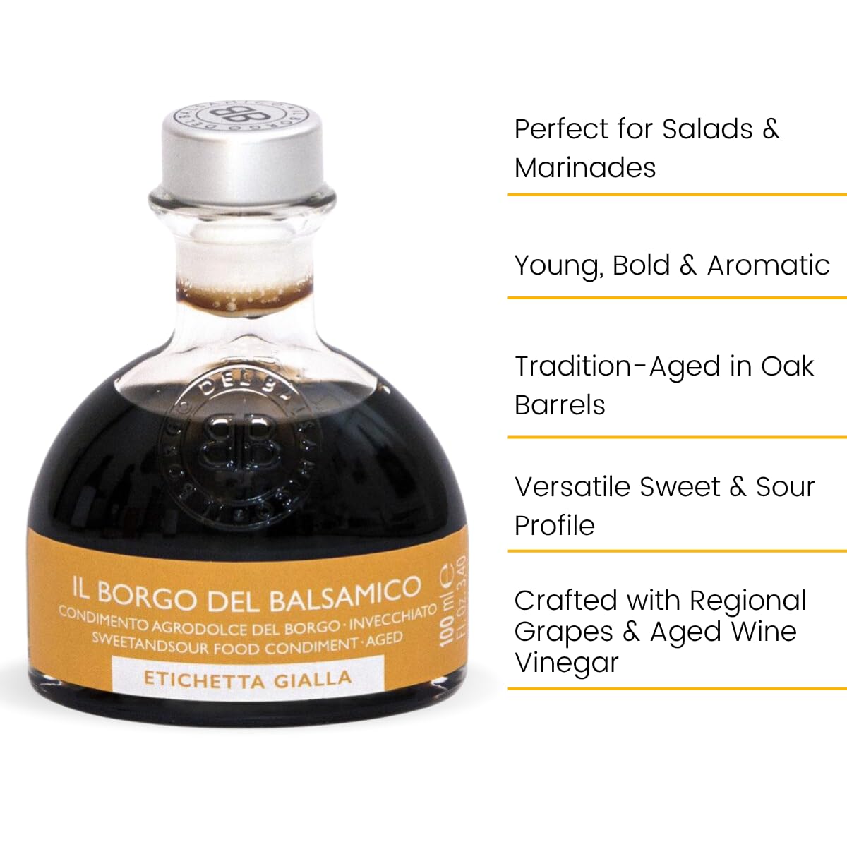 Il Borgo Del Balsamico, Aged Balsamic Vinegar Gift Set – Includes 3 Aged Italian Condiments (Yellow, Orange, Red Labels) – 3 x 3.38 fl oz (100 ml) – Tasting Satchel – Gourmet Food Gift, Product of Italy