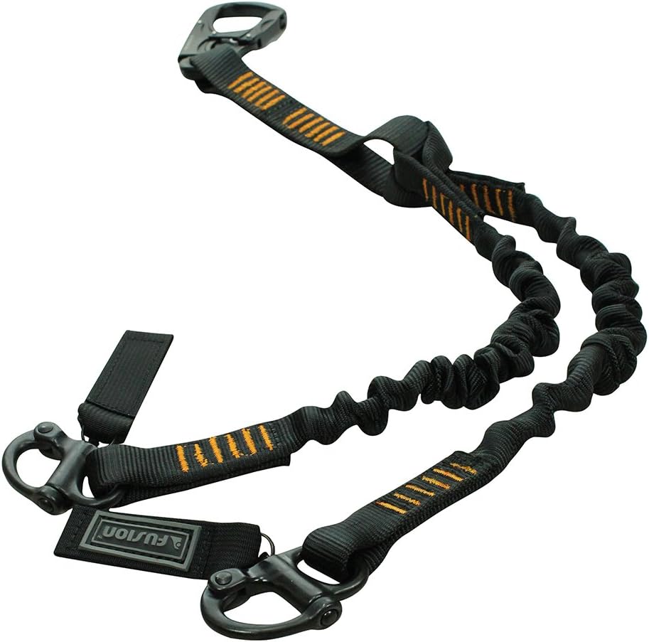 Fusion Tactical 2ft 24"x1" Y-Legged Internal Elastic Bungee Military Police Personal Retention Helo Lanyard with Auto Locking Carabiner Flat Loop 23kN Black LYH-32-8001-2999-BK24