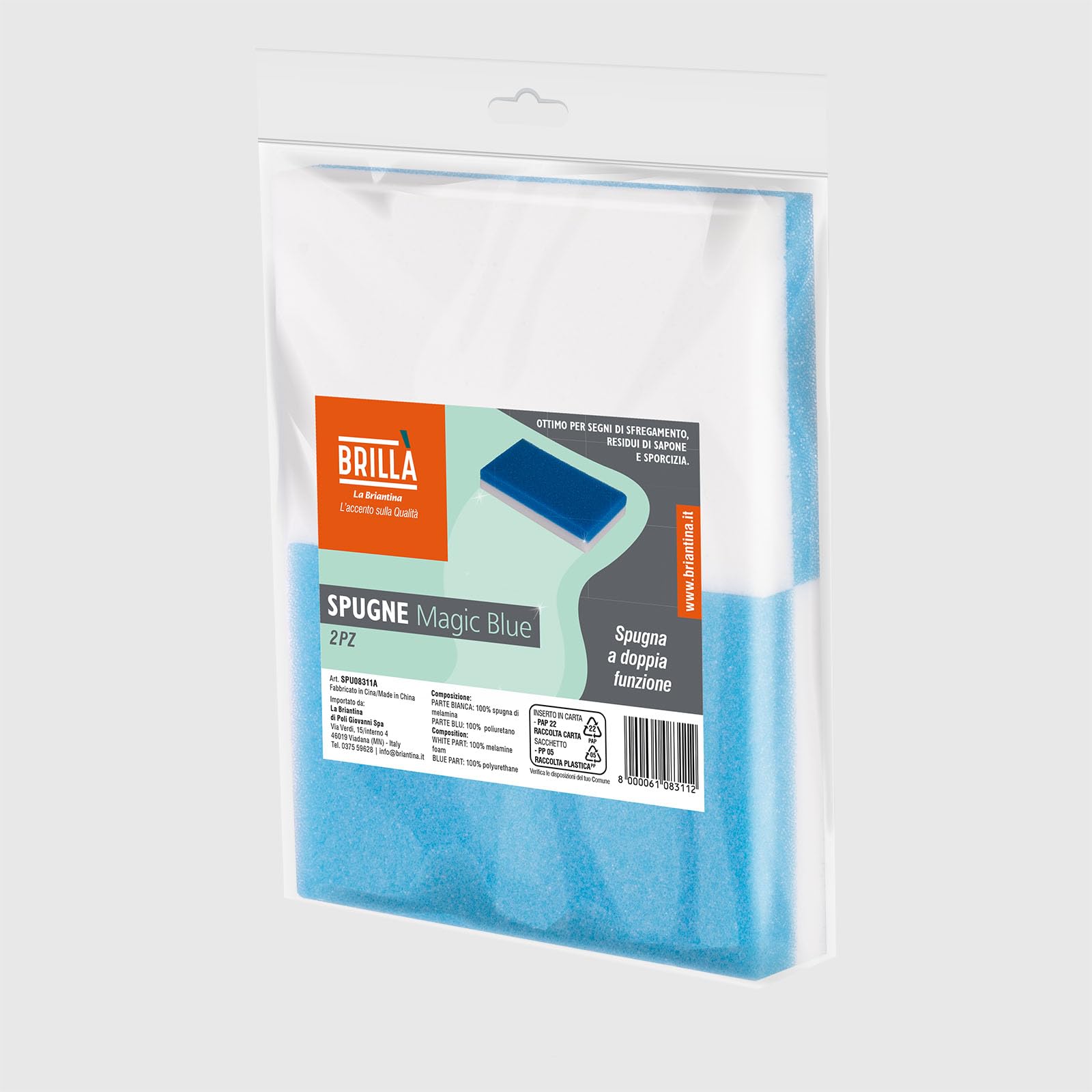 La Briantina Spugne Magic Blue – Spugne Doppia Azione in Melammina e Poliuretano, 12,​5x8 cm – Pulizia Piastrelle, Lavandini, Piani Cottura e Superfici Dure – 2 pz