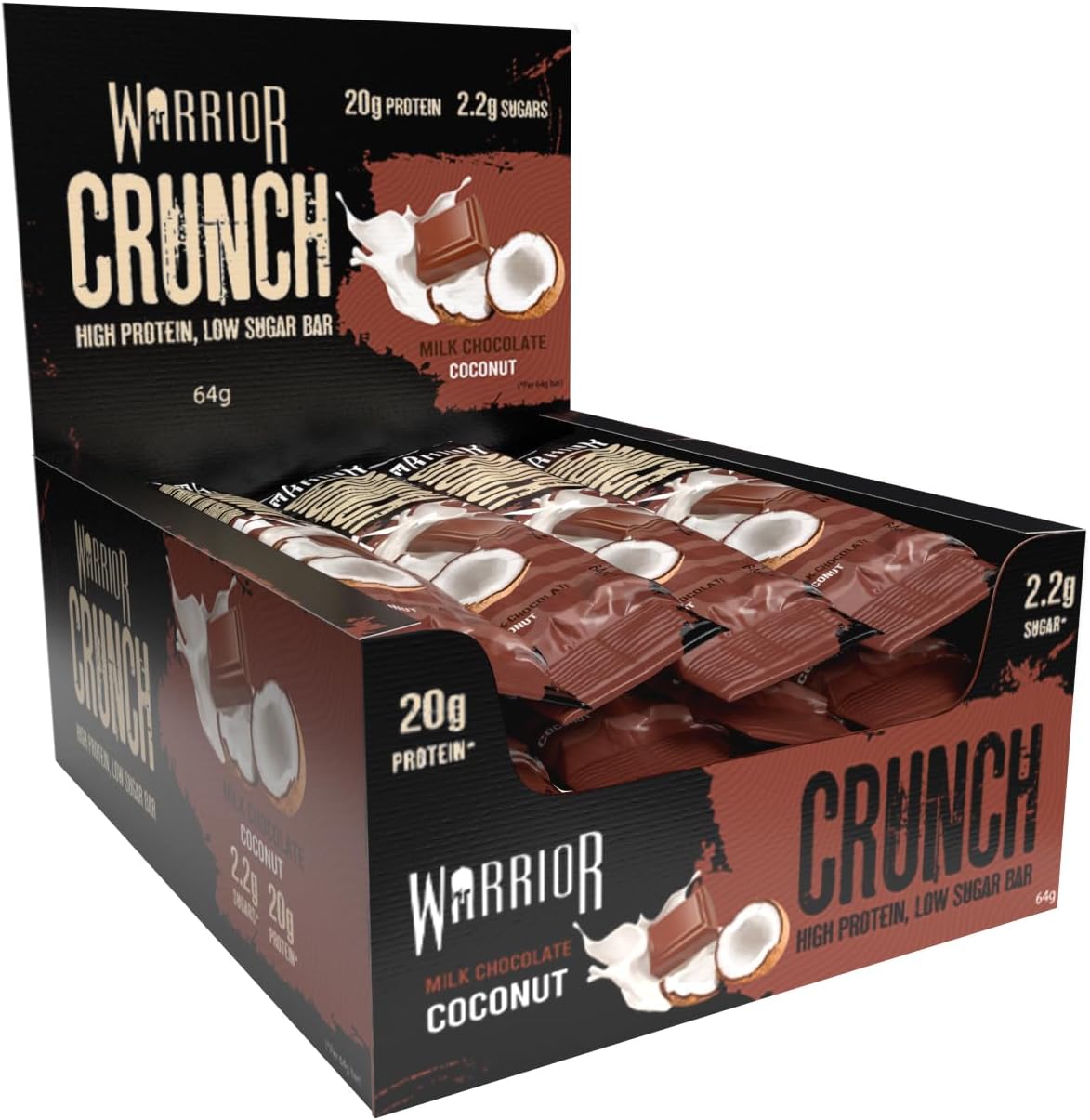 HIGH Protein Bars (20g Protein Each) - Low Carb, Low Sugar - Pack of 12 Caramel Crispy Crunch Bars - Milk Chocolate & Coconut