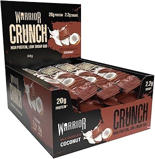 Warrior HIGH Protein Bars (20g Protein Each) - Low Carb, Low Sugar - Pack of 12 Caramel Crispy Crunch Bars - Milk Chocolate & Coconut