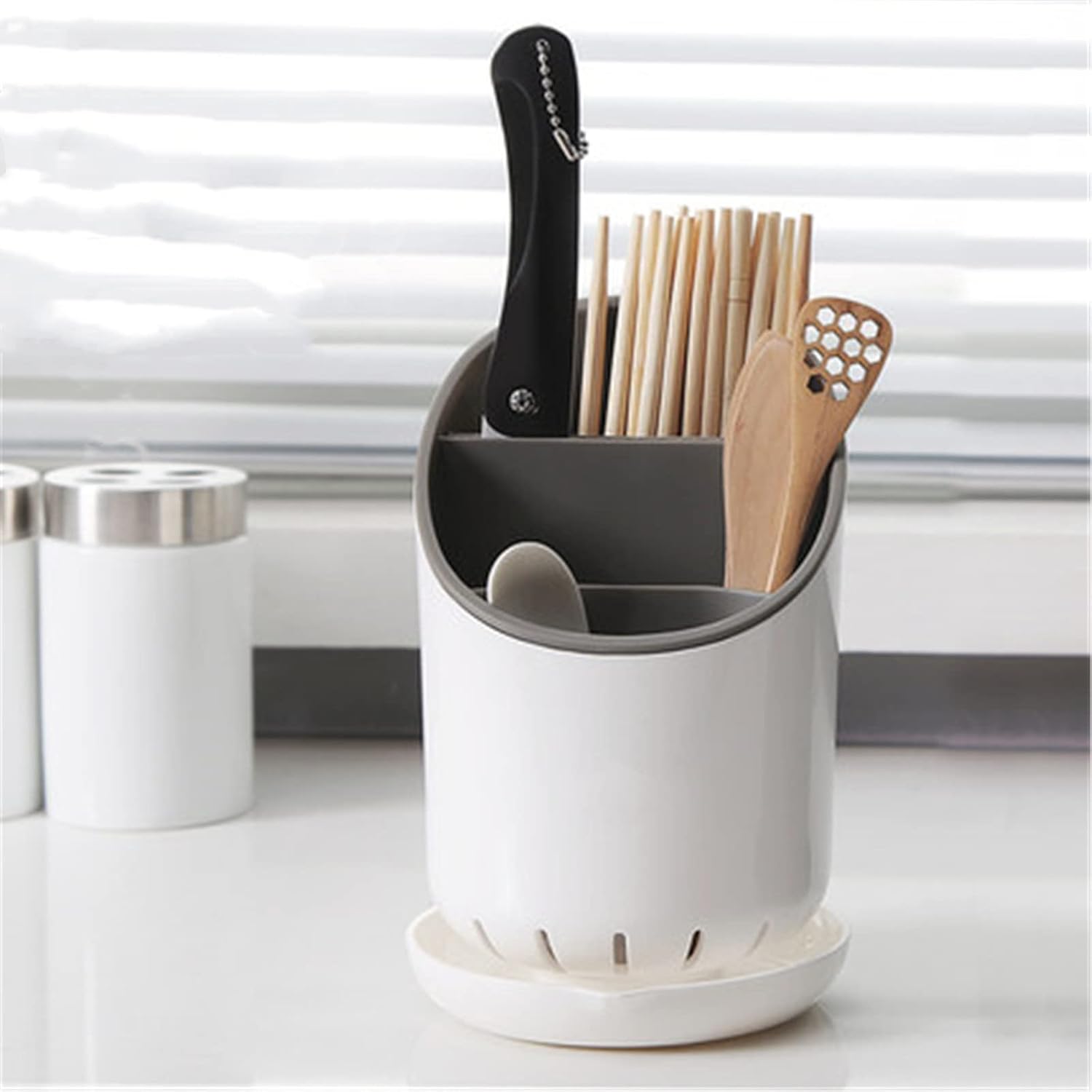 Kitchen Utensil Holder Multifunctional Chopstick Rack Drain Tableware Basket Kitchen Barreled Spoon Mold Storage Box Cage Household Chopstick Holder for Kitchen Counter (White 187x110mm)