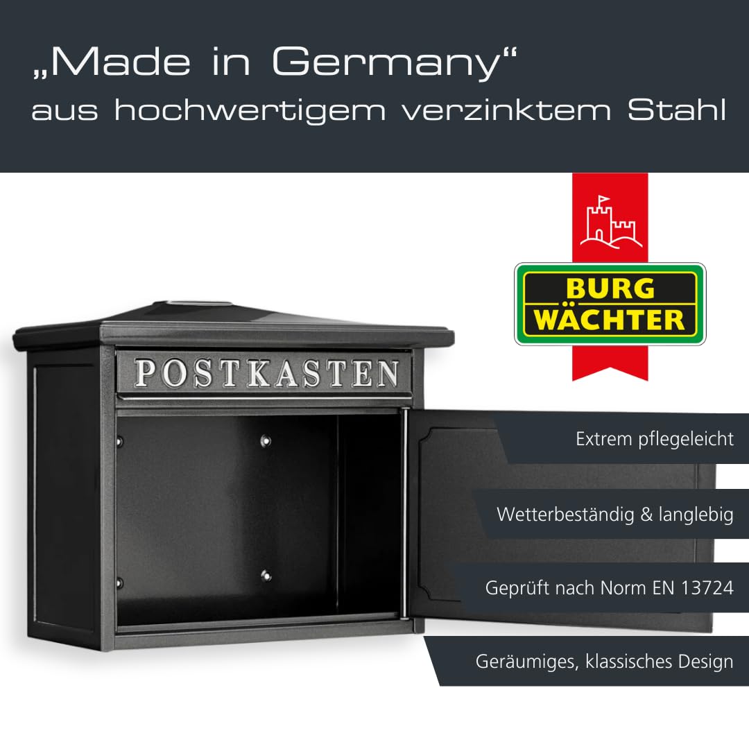 BURG-WÄCHTER Klassischer Briefkasten ohne Zeitungsfach und Namensschild, Verzinkter Stahl, Einwurf-Format DIN C4, 2 Schlüssel, Sylt 1883 E, Alteisen