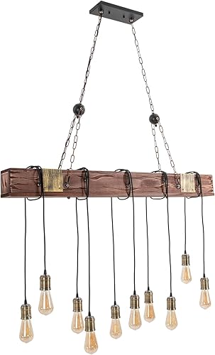 Farol colgante de madera de 10 luces, lámpara colgante retro rústica de granja, lámpara de suspensión industrial para mesa de comedor, cocina