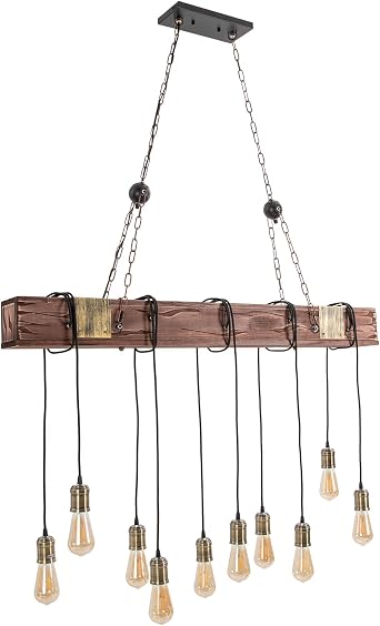 10-Lights Wood Hanging Light Lantern, Retro Rustic Pendant Light Farmhouse Chandelier Industrial Suspension Light for Dining Table, Vintage Kitchen, Bar, Island, Billiard