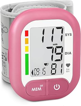 Blood Pressure Monitor FDA-Cleared Adjustable Wrist Cuff for Home Use Automatic BP Machine Large Digital LCD Display 199 Memory Batteries Included with Carrying Case, Pink