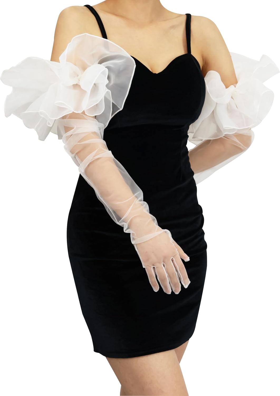 Super Puff Sheer Long Gloves Oversize Tulle Mesh Gloves for Cocktail Opera Party Gloves with Ruffle Long Sleeve - Image 6