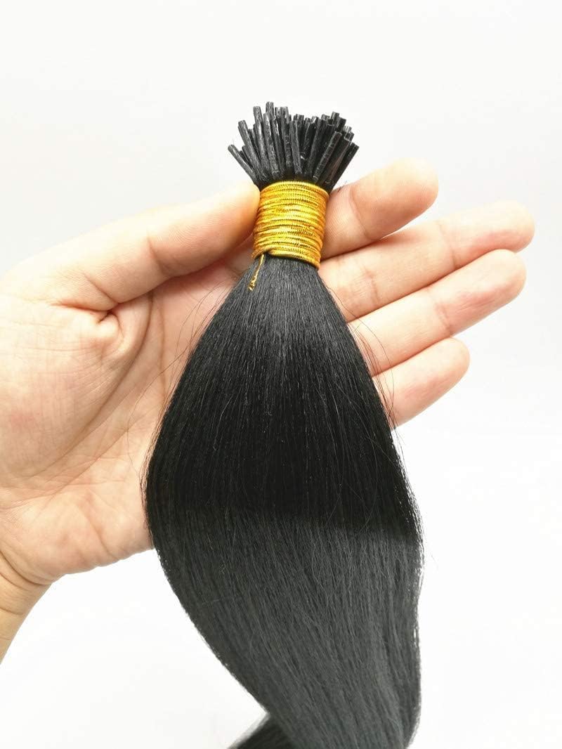 Yaki Straight I Tip Hair Extension Human Hair Mico Link Pre Bonded Brazilian Remy Hair Light Yaki Stick I Tip Human Hair Extension 100g 100strands (20inch 100strands, #Natural Black)