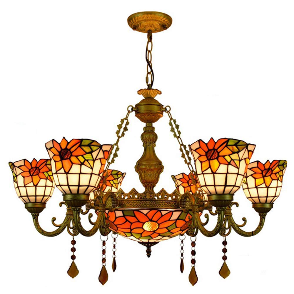 YNIYUJKL Idyllic Sunflower Large Ceiling Lamp Many-Arm Chandelier, Tiffany-Style Stained Glass Crystal Pendant Lights Fixture For Dining Room, Living Room, Hallway