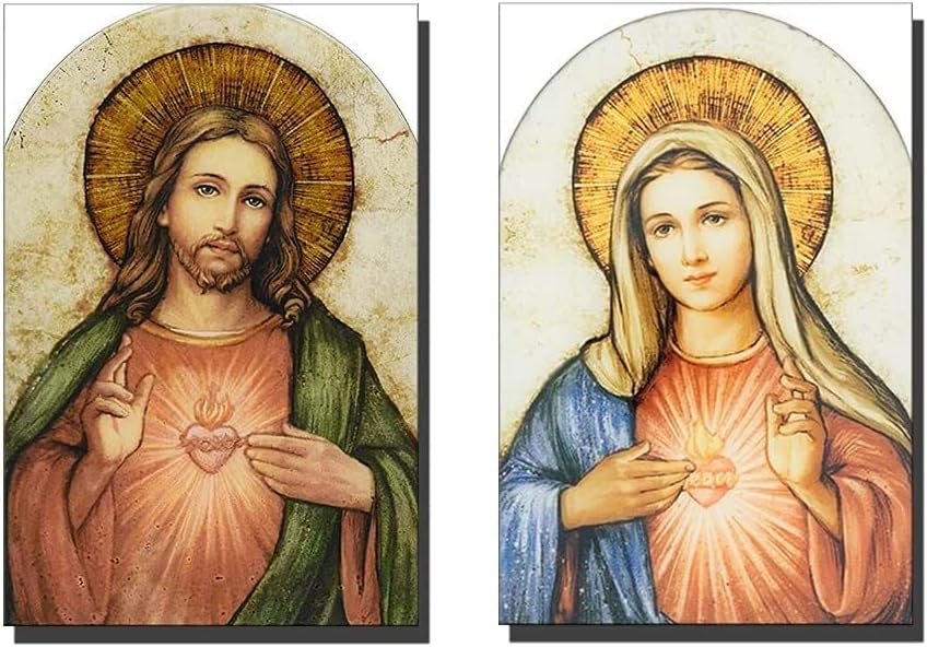Sacred Heart of Jesus and Mary Painting Poster Picture Print 2 Pieces Canvas Wall Art Home Room Decor Our Lady Mary Immaculate Conception Mural -731 (12x18*2inch-NoFramed)