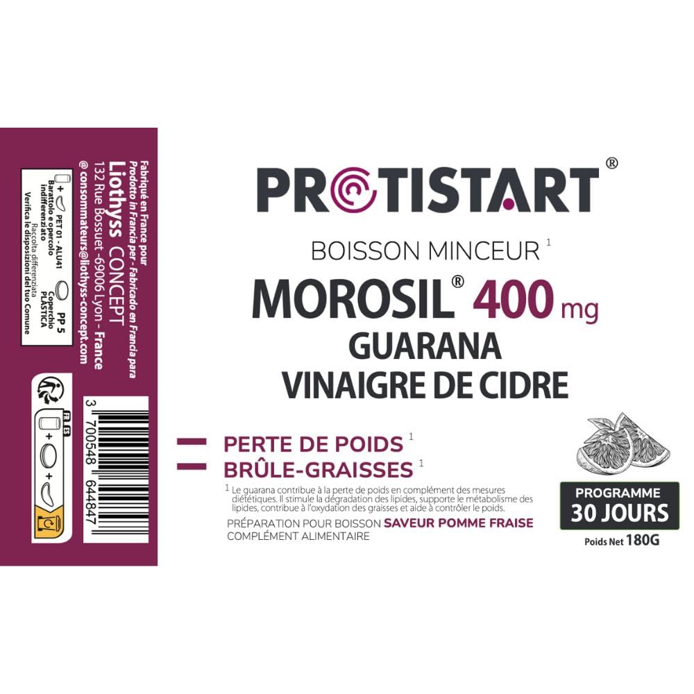 Morosil 400mg Vinaigre de cidre Guarana Boisson Minceur Brûle-graisses Efficacité Scientifiquement Prouvée du Morosil® Pomme-Fraise, Lot de 2 Pots, 180g, Programme 60 Jours PROTISTART
