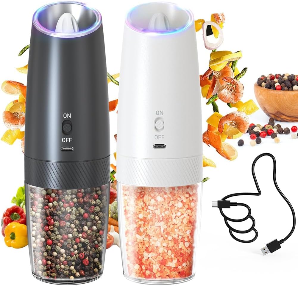 Electric Salt and Pepper Grinder Set Rechargeable Graviry Salt and Pepper Grinder Set, LED Light, Adjustable Coarseness