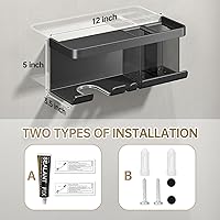 Vista 8 de Soporte para secador de pelo, organizador de secador de pelo, soporte para secadora de pelo, montado en la pared con estante para baño, salón, Gris