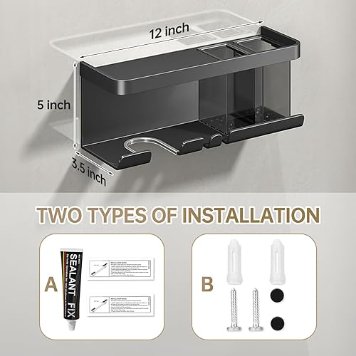 Miniatura 8 de Soporte para secador de pelo, organizador de secador de pelo, soporte para secadora de pelo, montado en la pared con estante para baño, salón,