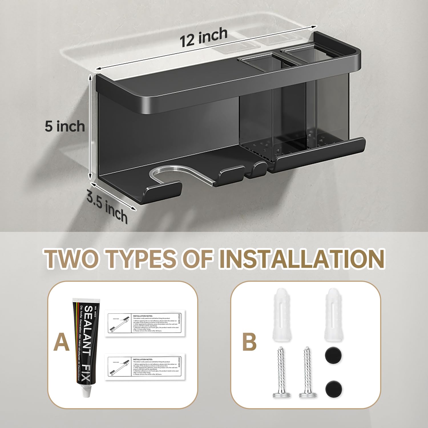 Haartrockner-Halter, Föhn-Organizer, Haartrockner-Halter, Wandmontage, mit Ablage für Badezimmer, Salon, Schlafzimmer, Organizer und Aufbewahrung (mattgrau)