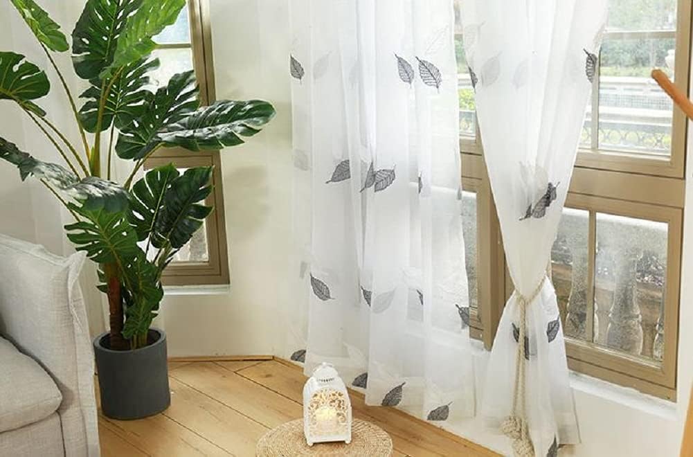 Rural Style Luxury 52 Width Window Treatments Sheer Curtains Basic Rod Pocket Top Style for Living Nursery Room Leaf Embroidery