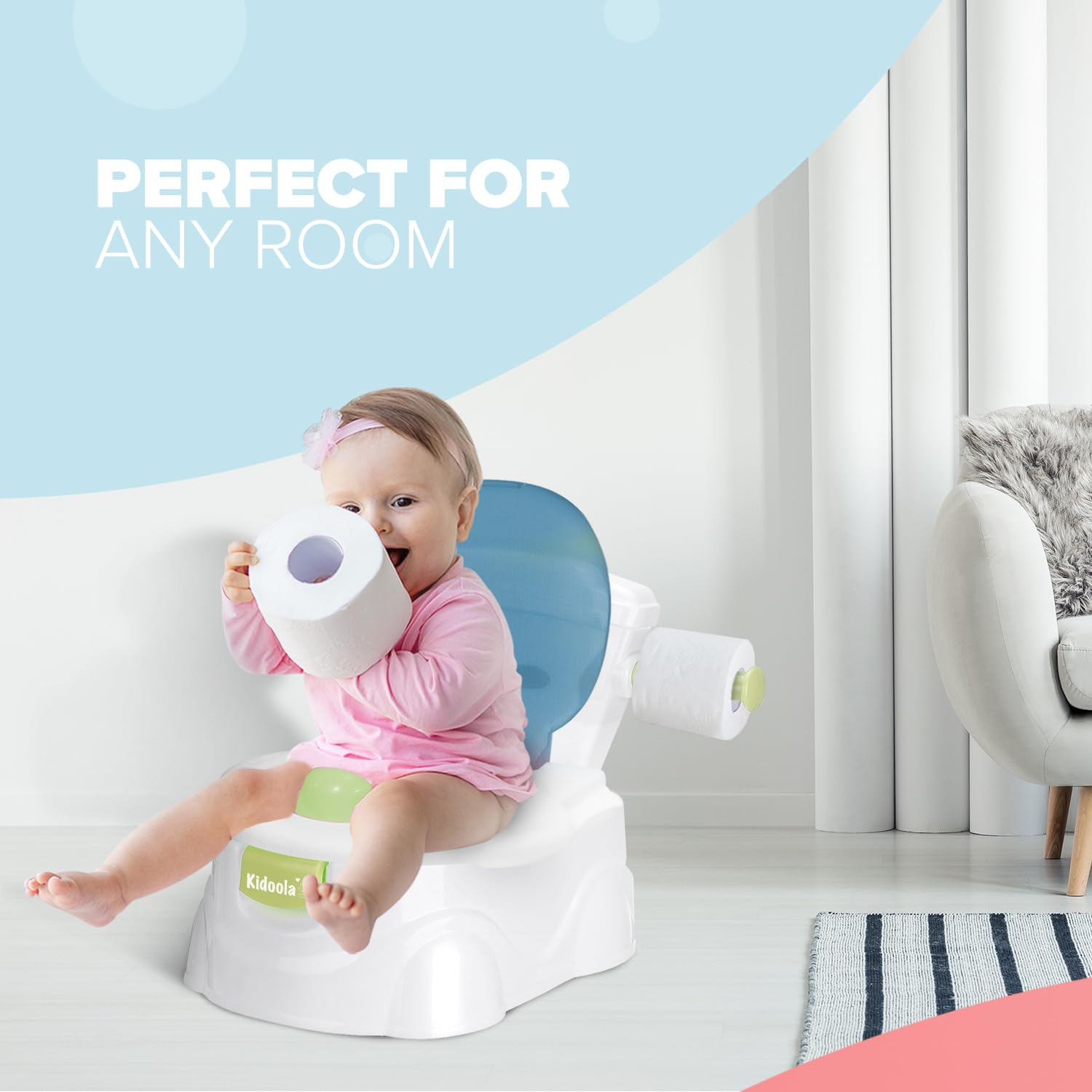KIDOOLA Asiento de inodoro azul para entrenamiento de orinal | Asiento de inodoro con protector contra salpicaduras, forma divertida de mejorar el desarrollo de tu hijo, portátil, fácil de transportar